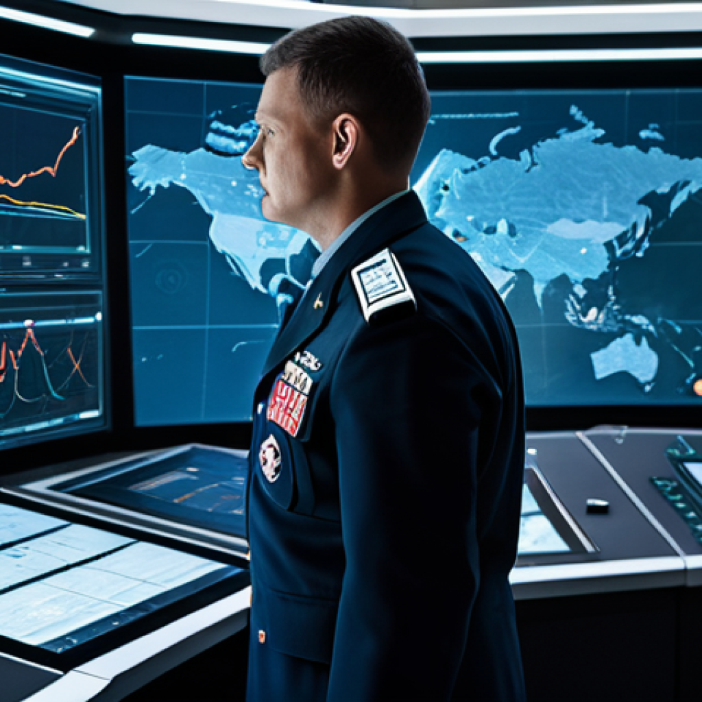 A team of diverse, professional military strategists in modest, modern uniforms, intently focused around a large, interactive holographic display in a high-tech, futuristic command center. The display showcases complex data analytics, real-time intelligence feeds, and advanced predictive modeling scenarios. The lighting is cinematic, highlighting the professional and analytical atmosphere. Perfect anatomy, correct proportions, natural poses, well-formed hands, proper finger count, natural body proportions. Fully clothed, appropriate attire, safe for work, professional photography, high quality, appropriate content.