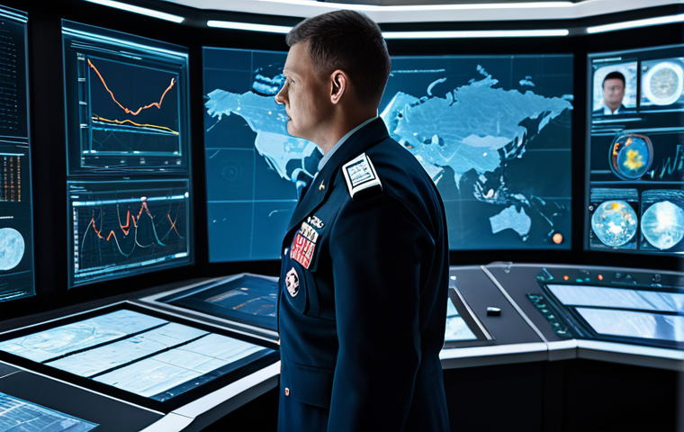 A team of diverse, professional military strategists in modest, modern uniforms, intently focused around a large, interactive holographic display in a high-tech, futuristic command center. The display showcases complex data analytics, real-time intelligence feeds, and advanced predictive modeling scenarios. The lighting is cinematic, highlighting the professional and analytical atmosphere. Perfect anatomy, correct proportions, natural poses, well-formed hands, proper finger count, natural body proportions. Fully clothed, appropriate attire, safe for work, professional photography, high quality, appropriate content.