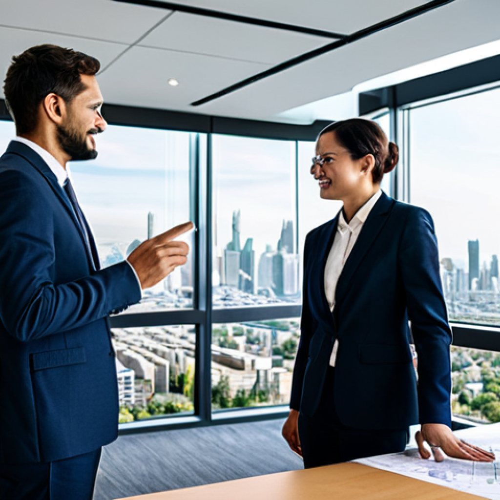 A professional, diverse group of architects and engineers, fully clothed in modest, modern business attire, collaboratively reviewing detailed urban development blueprints on a large digital screen. They are standing in a spacious, well-lit conference room with a view of a developing city skyline, symbolizing progress and reconstruction. The mood is focused and optimistic. Perfect anatomy, correct proportions, natural poses, well-formed hands, proper finger count, natural body proportions, professional photography, high quality, safe for work, appropriate content, family-friendly.