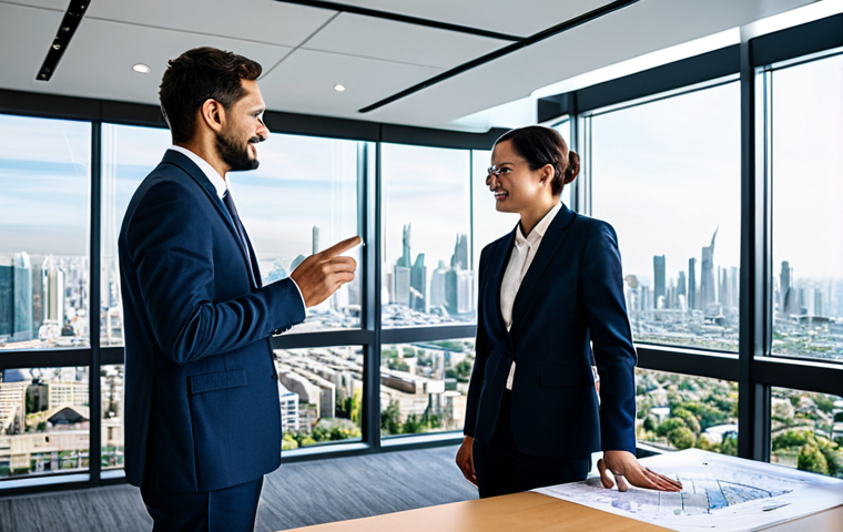 A professional, diverse group of architects and engineers, fully clothed in modest, modern business attire, collaboratively reviewing detailed urban development blueprints on a large digital screen. They are standing in a spacious, well-lit conference room with a view of a developing city skyline, symbolizing progress and reconstruction. The mood is focused and optimistic. Perfect anatomy, correct proportions, natural poses, well-formed hands, proper finger count, natural body proportions, professional photography, high quality, safe for work, appropriate content, family-friendly.