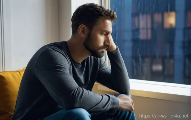 전투 스트레스와 대처법 - **Prompt:** A solemn male veteran, approximately 35 years old, sits alone in a subtly lit, modern ap...