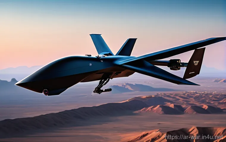 군사 혁신 사례 - **"A high-altitude, stealthy military reconnaissance drone, sleek and black, glides silently over a ...
