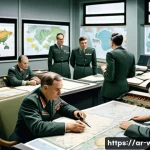 소련의 군사 전략 - A detailed military command center scene during the Cold War era, featuring Soviet officers in authe...