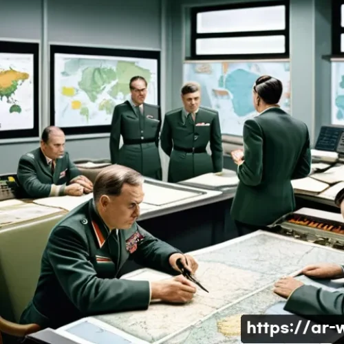 소련의 군사 전략 - A detailed military command center scene during the Cold War era, featuring Soviet officers in authe...