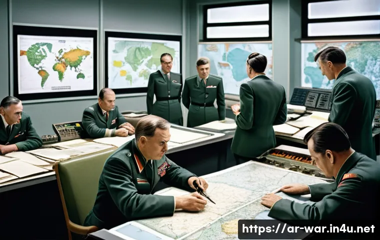 소련의 군사 전략 - A detailed military command center scene during the Cold War era, featuring Soviet officers in authe...