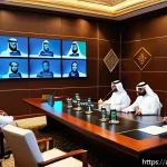 드론 전쟁 윤리 문제 - A detailed digital painting of an Arabic-speaking military ethics conference room filled with divers...