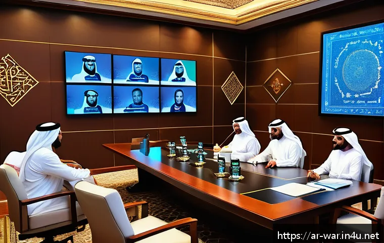 드론 전쟁 윤리 문제 - A detailed digital painting of an Arabic-speaking military ethics conference room filled with divers...