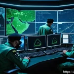 해킹과 군사 정보전 - A detailed digital battlefield scene showing a futuristic cyberwarfare command center with Arabic sc...