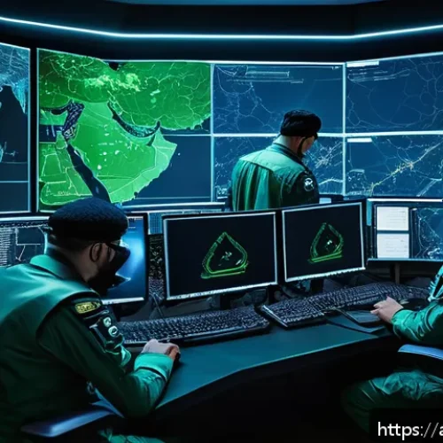 해킹과 군사 정보전 - A detailed digital battlefield scene showing a futuristic cyberwarfare command center with Arabic sc...