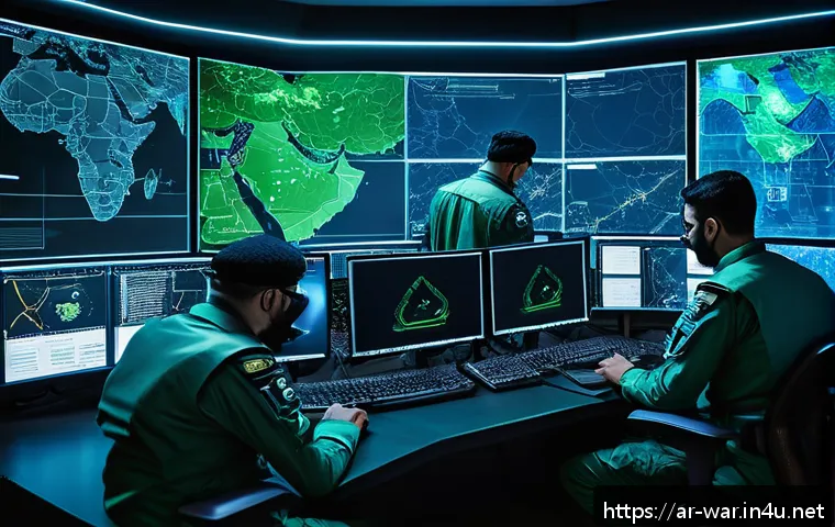 해킹과 군사 정보전 - A detailed digital battlefield scene showing a futuristic cyberwarfare command center with Arabic sc...