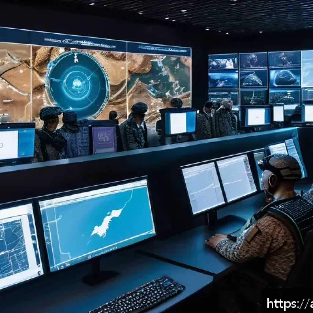 미래 전쟁 무기 예상 - A detailed futuristic military command center in the Middle East, with Arabic digital interface disp...