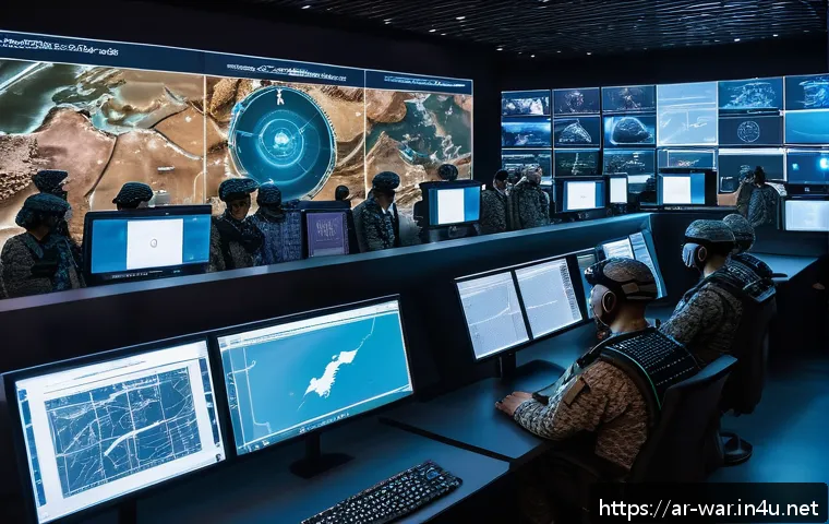 미래 전쟁 무기 예상 - A detailed futuristic military command center in the Middle East, with Arabic digital interface disp...