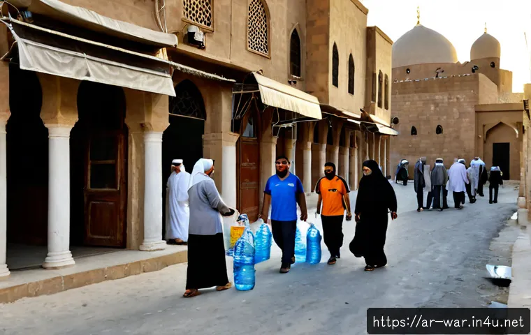 전쟁과 종교적 갈등 - Photorealistic documentary scene of an Arab city street recovering from conflict, a mosque dome and ...
